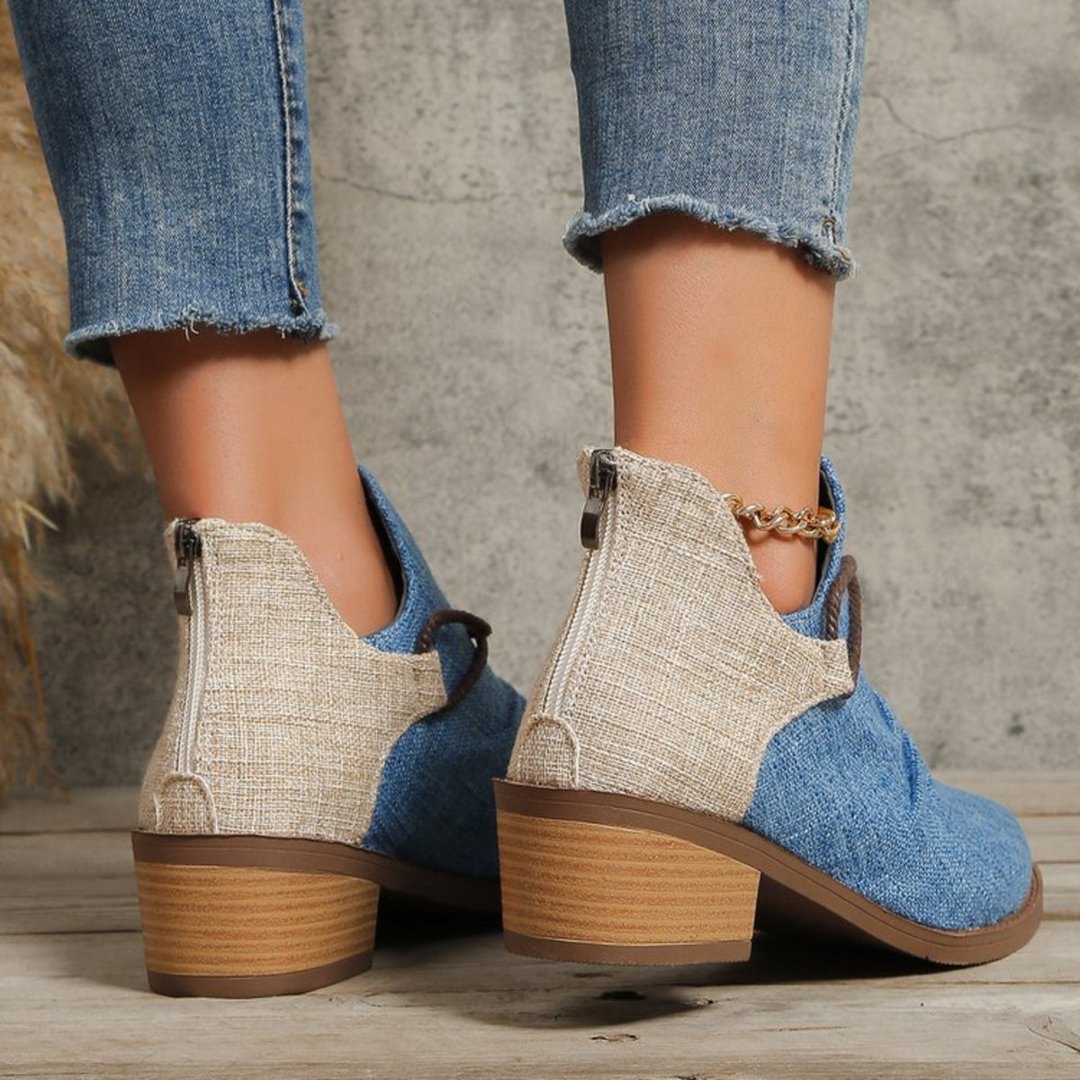 Contrast Canvas Low Heel Boots-Teresa&#39;s Fashionista LLC