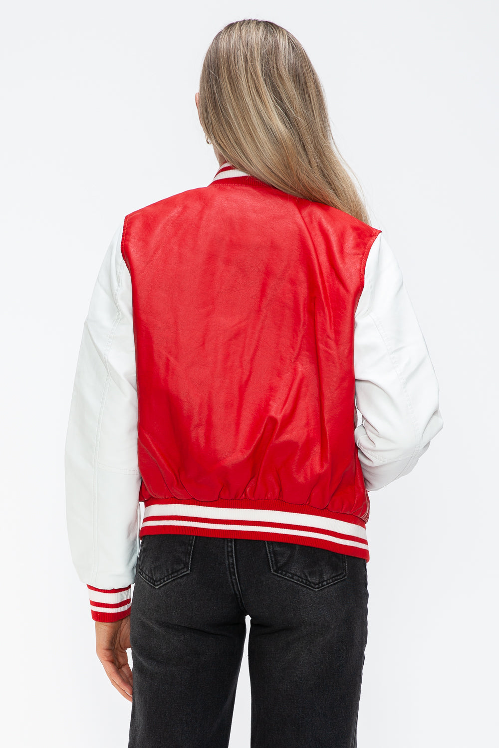 Love Me Now PU Leather Contrast Snap Down Bomber Jacket - Teresa's Fashionista LLC
