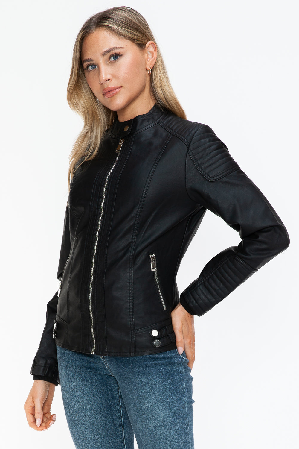 Snobbish Faux Leather Biker Jacket with Side Zip Pockets - Teresa's Fashionista LLC