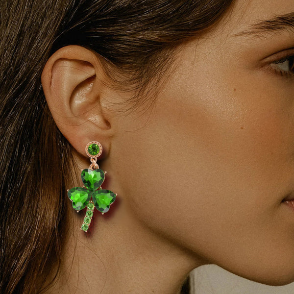 Rhinestone Alloy Lucky Clover Dangle Earrings-Teresa's Fashionista LLC