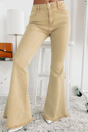 Raw edge mid waist flared jeans with pocketed design and slight stretch.