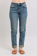 Judy Blue Full Size Mid Rise Vintage Wash Boyfriend Jeans with Double Roll Cuff.