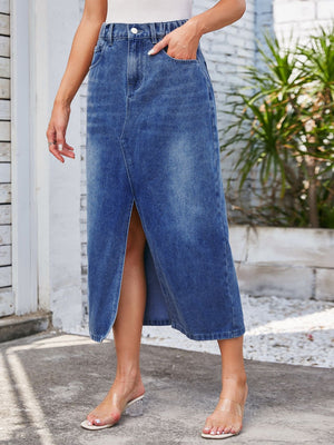 Slit Midi Denim Skirt with Pockets-Teresa's Fashionista LLC