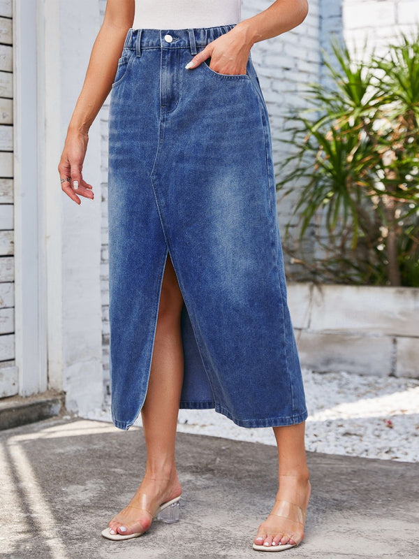 Slit Midi Denim Skirt with Pockets-Teresa's Fashionista LLC