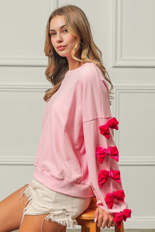 BiBi Velvet Ribbon Bows Long Sleeve Round Neck Sweatshirt - Teresa's Fashionista LLC