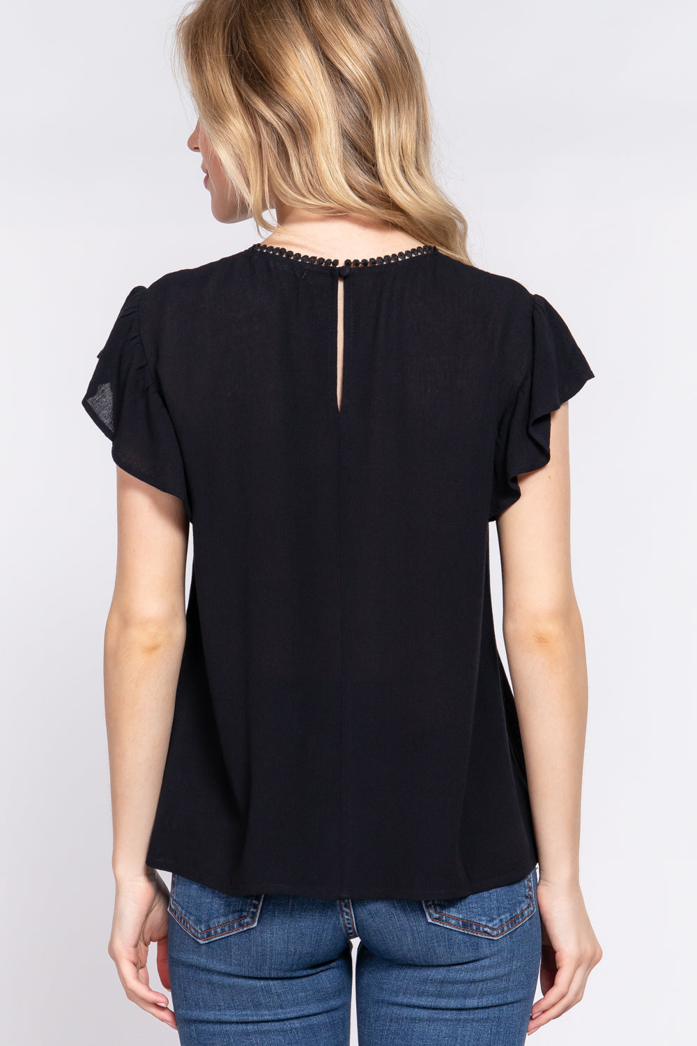 ACTIVE BASIC Ruffle Short Sleeve Crochet Blouse-Teresa&#39;s Fashionista LLC