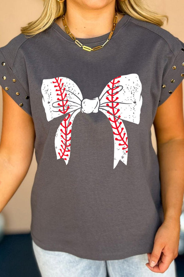 Studded Bow Graphic Round Neck Cap Sleeve T-Shirt-Teresa's Fashionista LLC