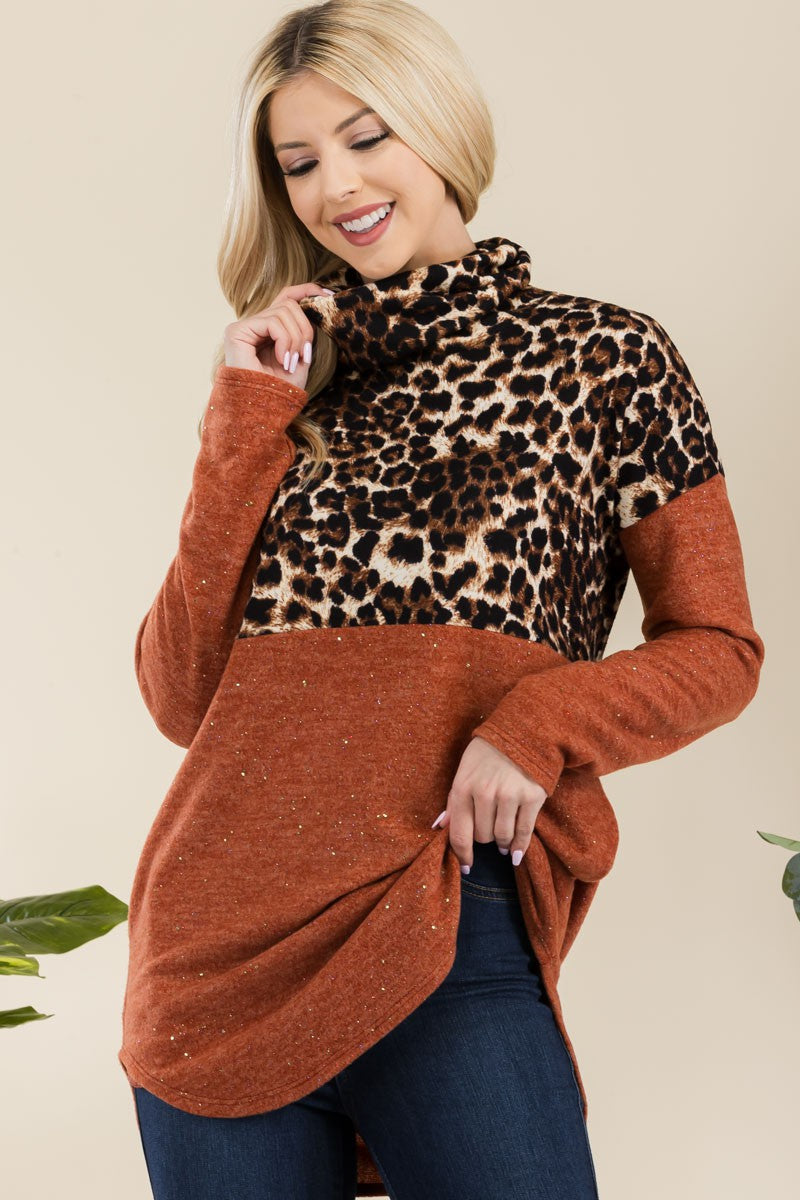 Celeste Full Size Curved Hem Leopard Turtleneck Long Sleeve Blouse - Teresa's Fashionista LLC