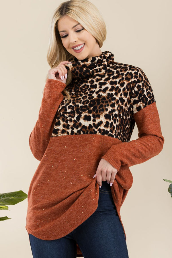 Celeste Full Size Curved Hem Leopard Turtleneck Long Sleeve Blouse - Teresa's Fashionista LLC