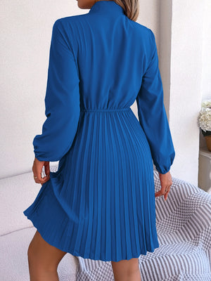 Tie Neck Balloon Sleeve Pleated Dress-Teresa's Fashionista LLC