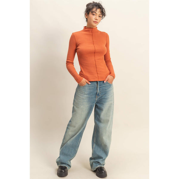 Ribbed High Neck Seam Detail Long Sleeve Top