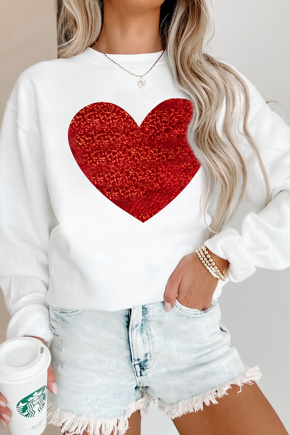 Valentine’s Day Heart Round Neck Long Sleeve Sweatshirt - Teresa's Fashionista LLC