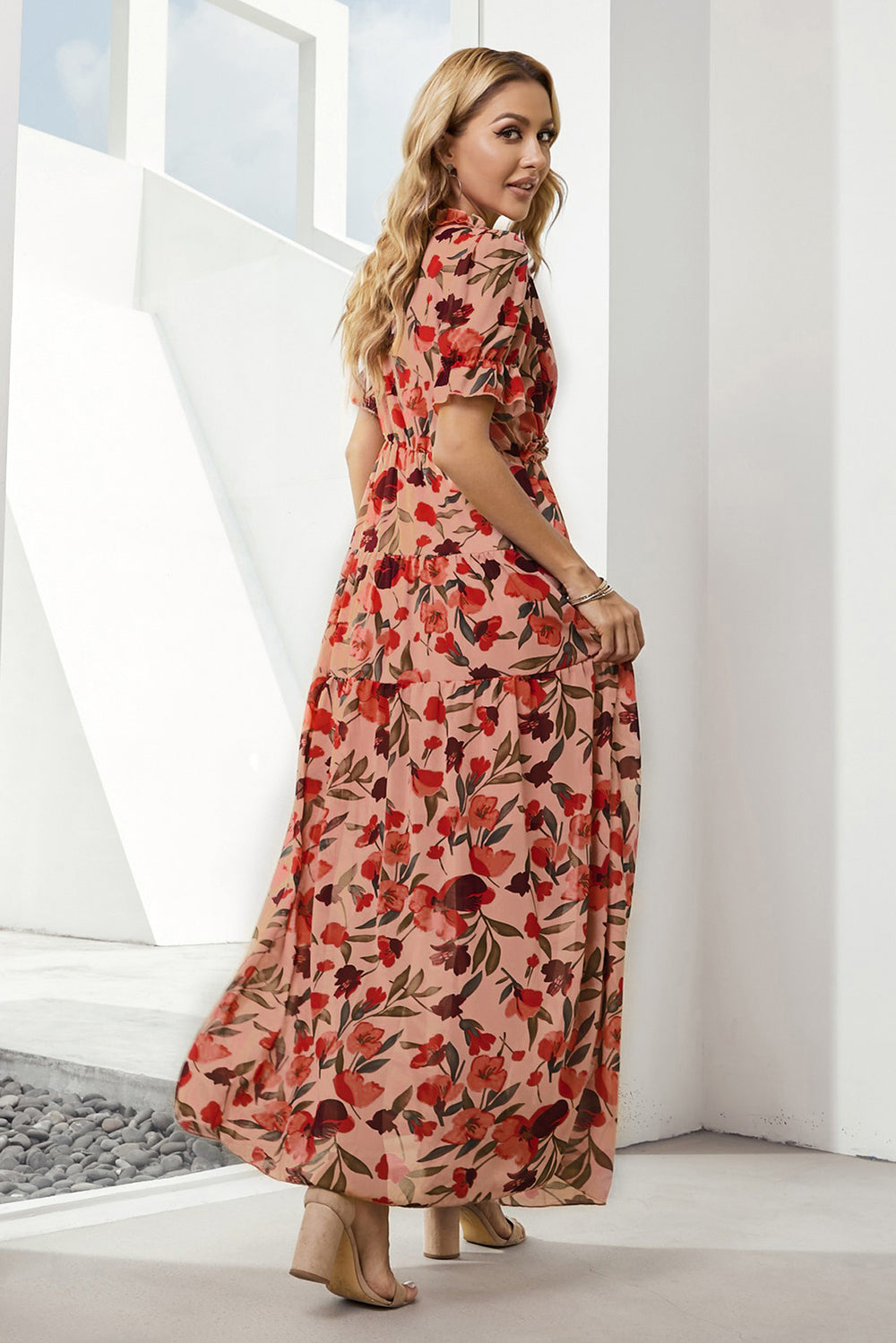 Floral V-Neck Short Flounce Sleeve Dress-Teresa's Fashionista LLC