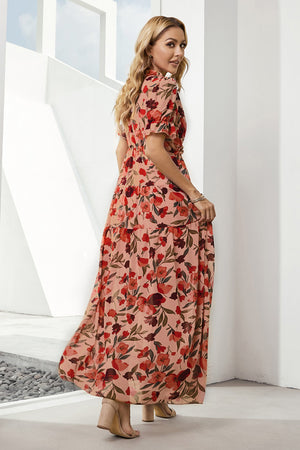 Floral V-Neck Short Flounce Sleeve Dress-Teresa's Fashionista LLC