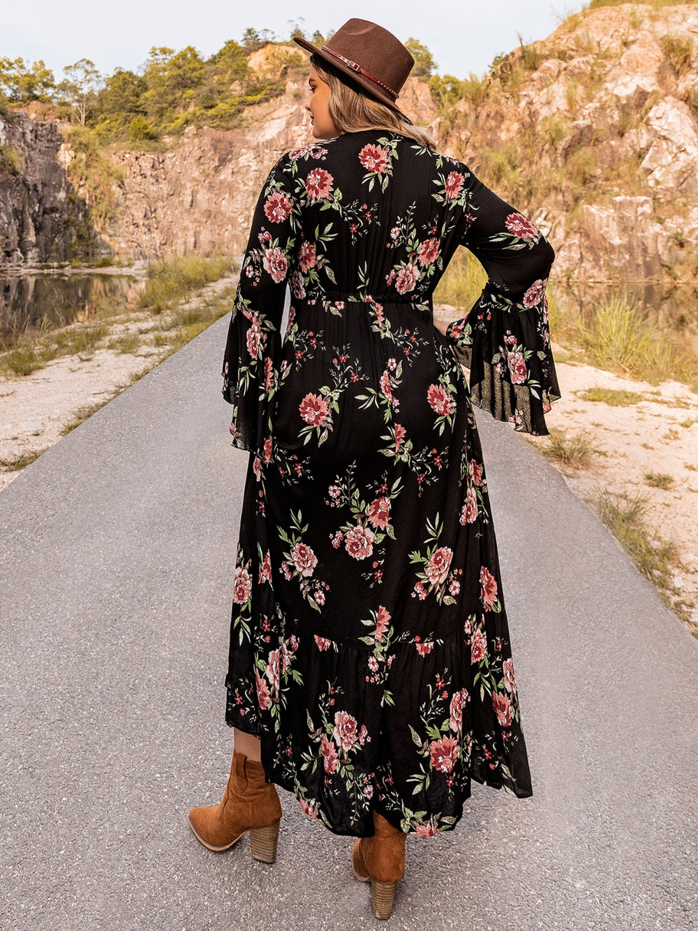 Plus Size Floral Flare Sleeve Dress-Teresa's Fashionista LLC