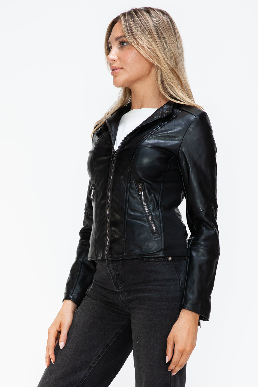 Snobbish Faux Leather Zip Up Drawstring Hooded Jacket - Teresa's Fashionista LLC