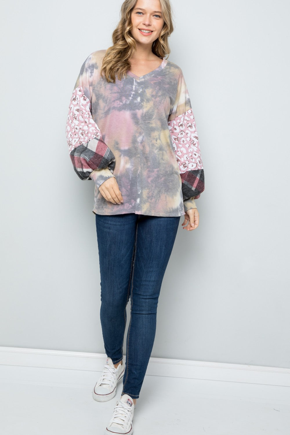 Celeste Tie-Dye V-Neck Printed Sleeve Blouse - Teresa's Fashionista LLC