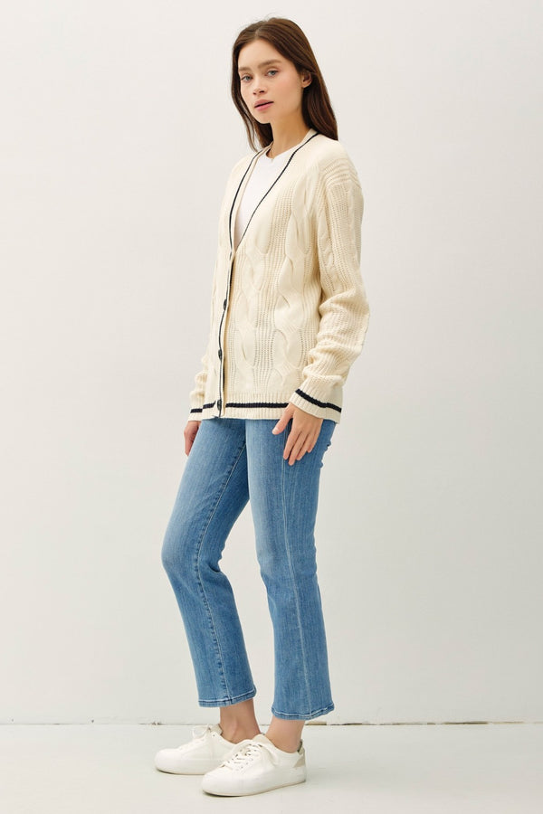 Be Cool Contrast Trim Cable-Knit V-Neck Cardigan - Teresa's Fashionista LLC