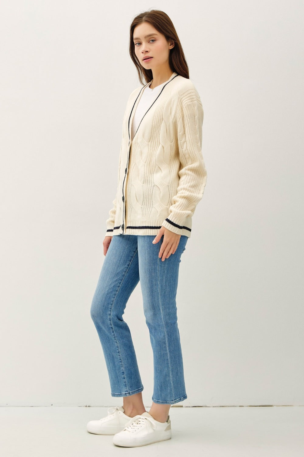 Be Cool Contrast Trim Cable-Knit V-Neck Cardigan - Teresa's Fashionista LLC
