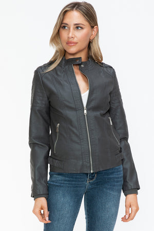 Snobbish PU Leather Biker Jacket with Side Zip Pockets - Teresa's Fashionista LLC
