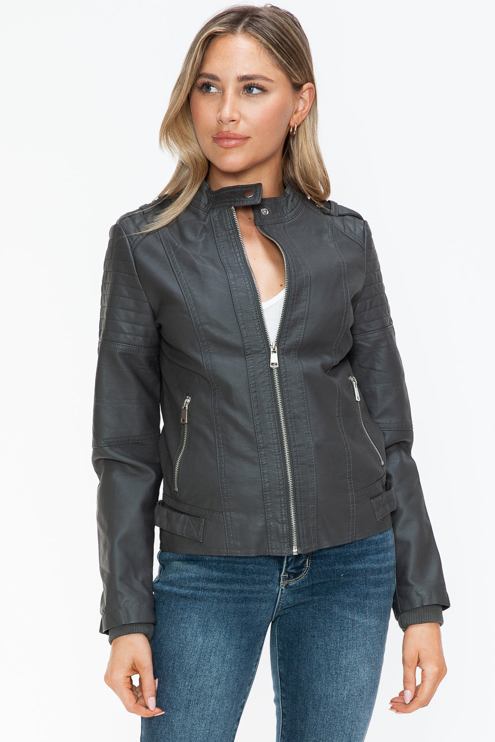 Snobbish PU Leather Biker Jacket with Side Zip Pockets - Teresa's Fashionista LLC