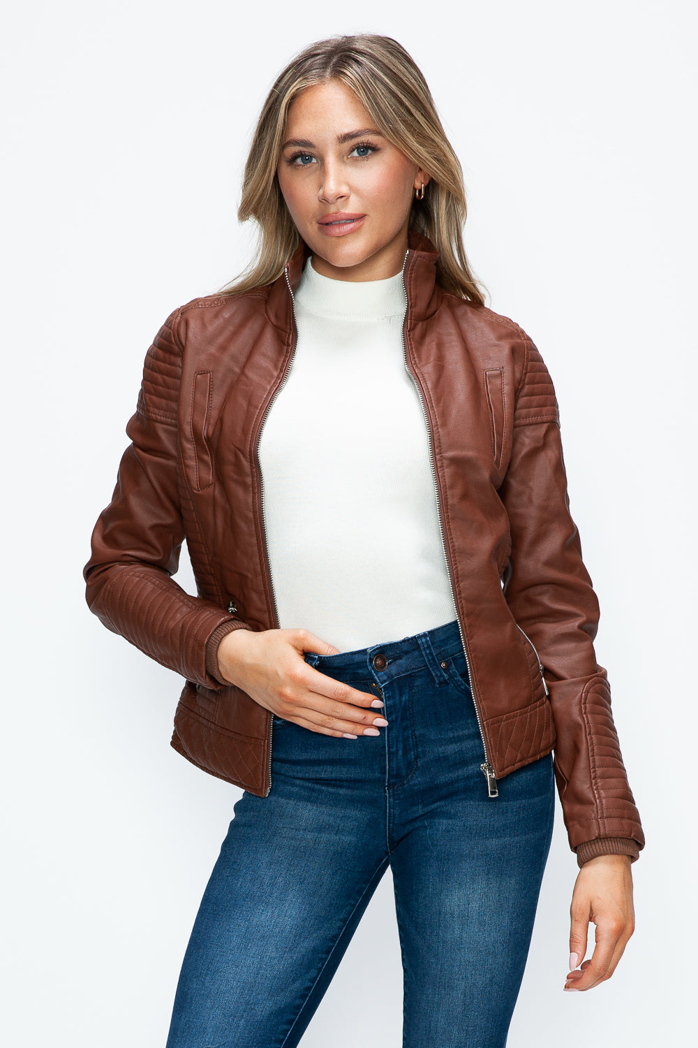 YMI Faux Layered Double-Zipper Jacket with Fuzzy Hood - Teresa's Fashionista LLC