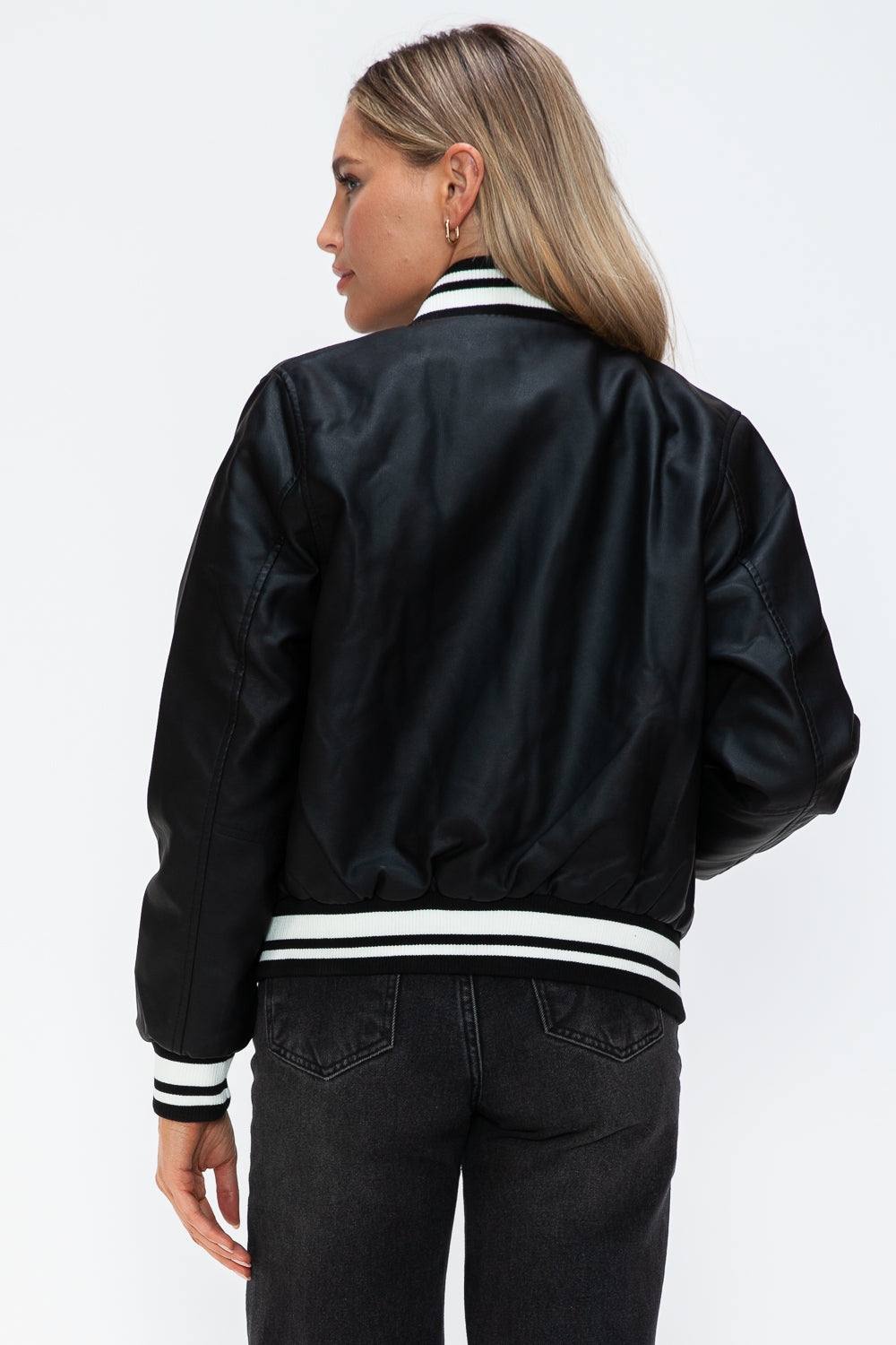 Love Me Now PU Leather Contrast Snap Down Bomber Jacket - Teresa's Fashionista LLC
