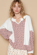 POL Waffle Knit Floral Notched Long Sleeve Top - Teresa's Fashionista LLC