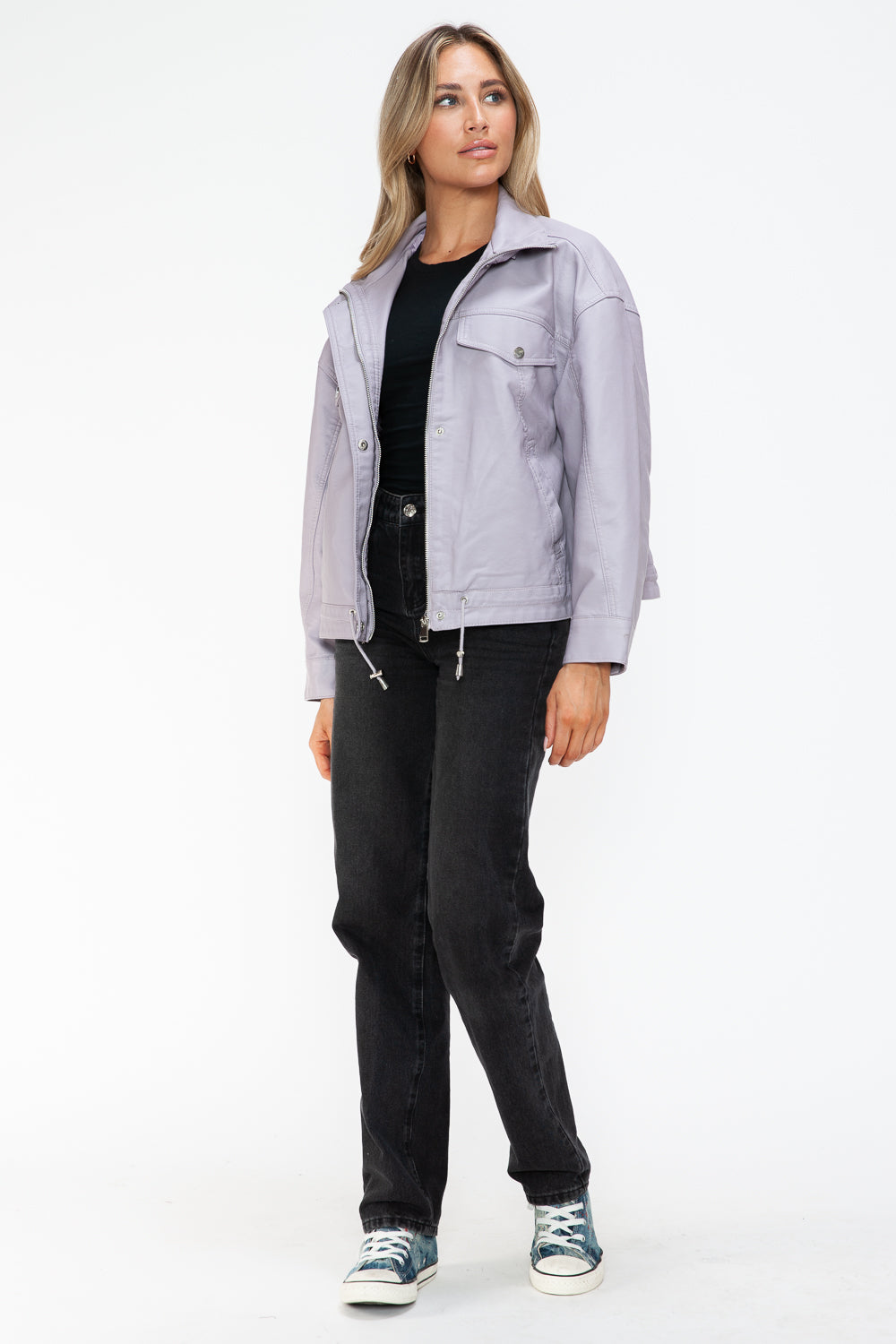 How Dare U Drawstring Hem PU Leather Zip Up Jacket - Teresa's Fashionista LLC