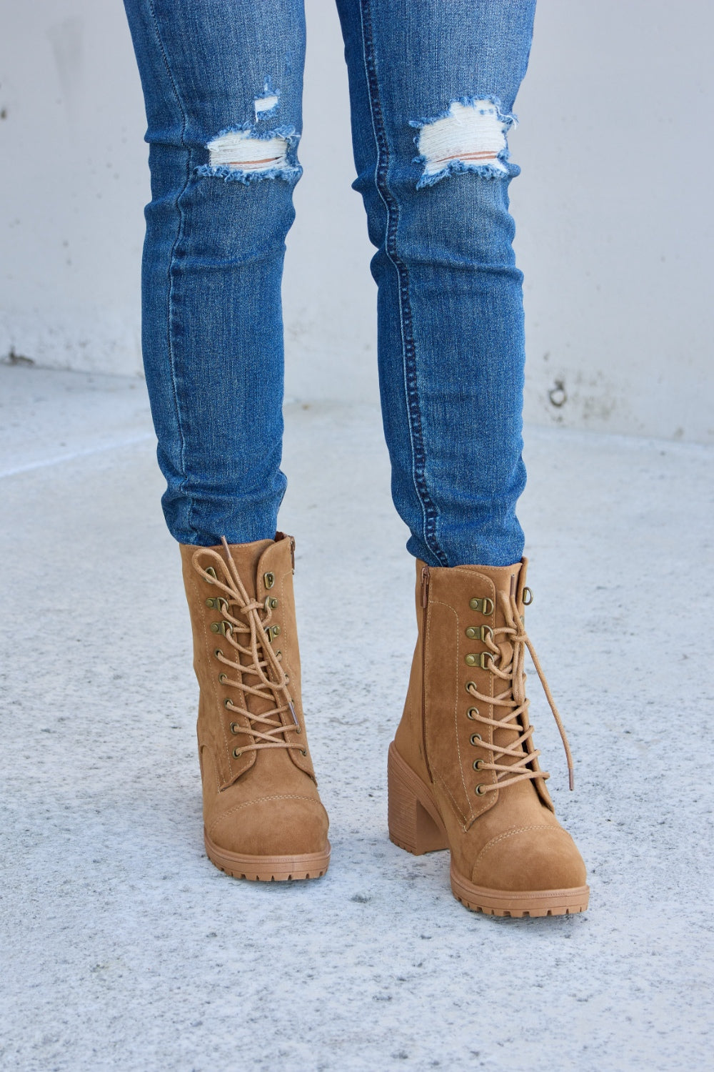Forever Link Lace-Up Zipper Detail Block Heel Boots-Teresa's Fashionista LLC