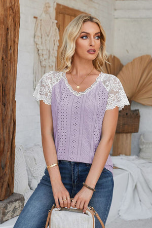 Eyelet V-Neck Lace Short Sleeve T-Shirt-Teresa's Fashionista LLC