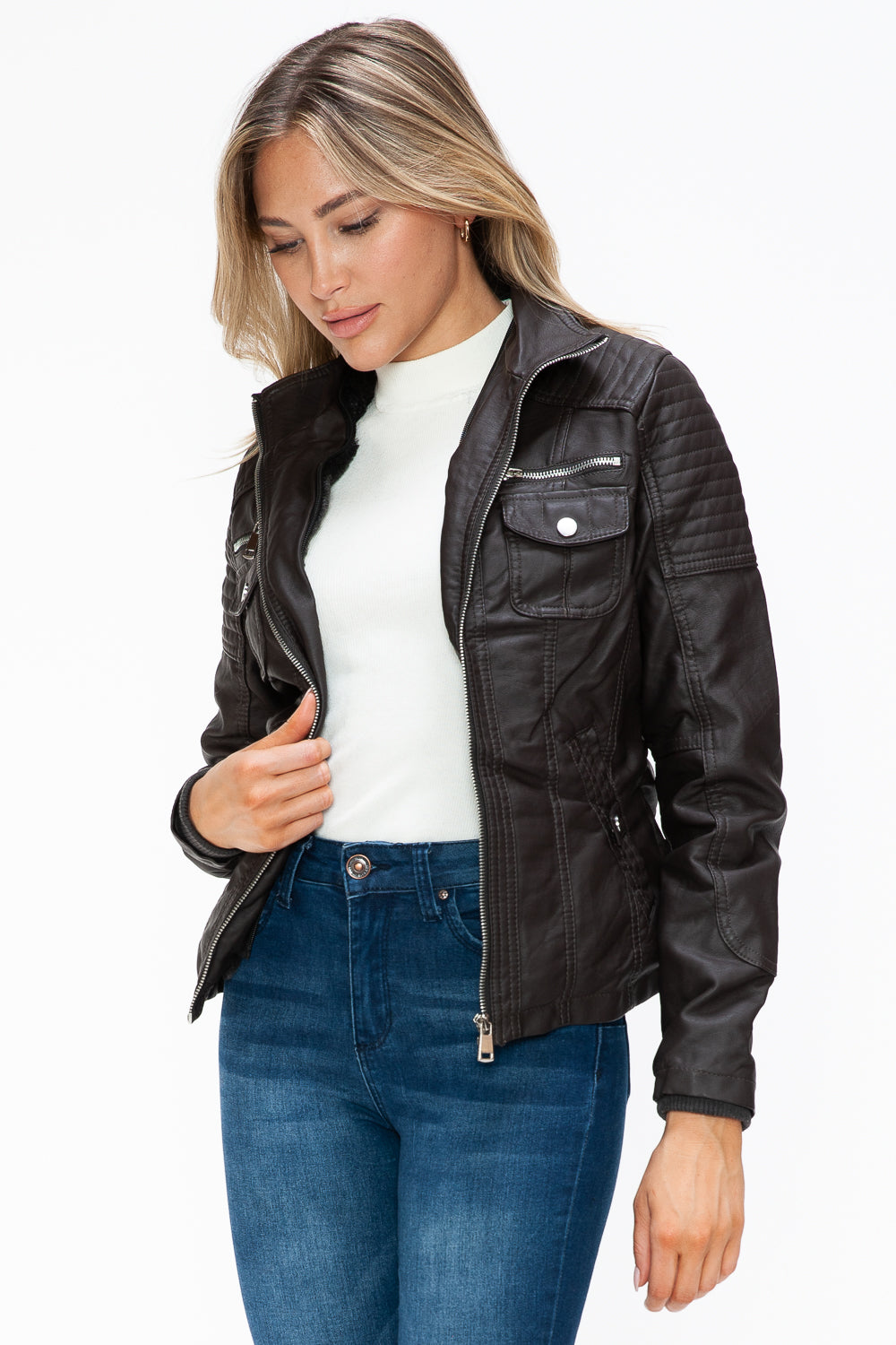 YMI Removable Faux Layered Multi-Pocket Jacket with Fuzzy Hood - Teresa's Fashionista LLC