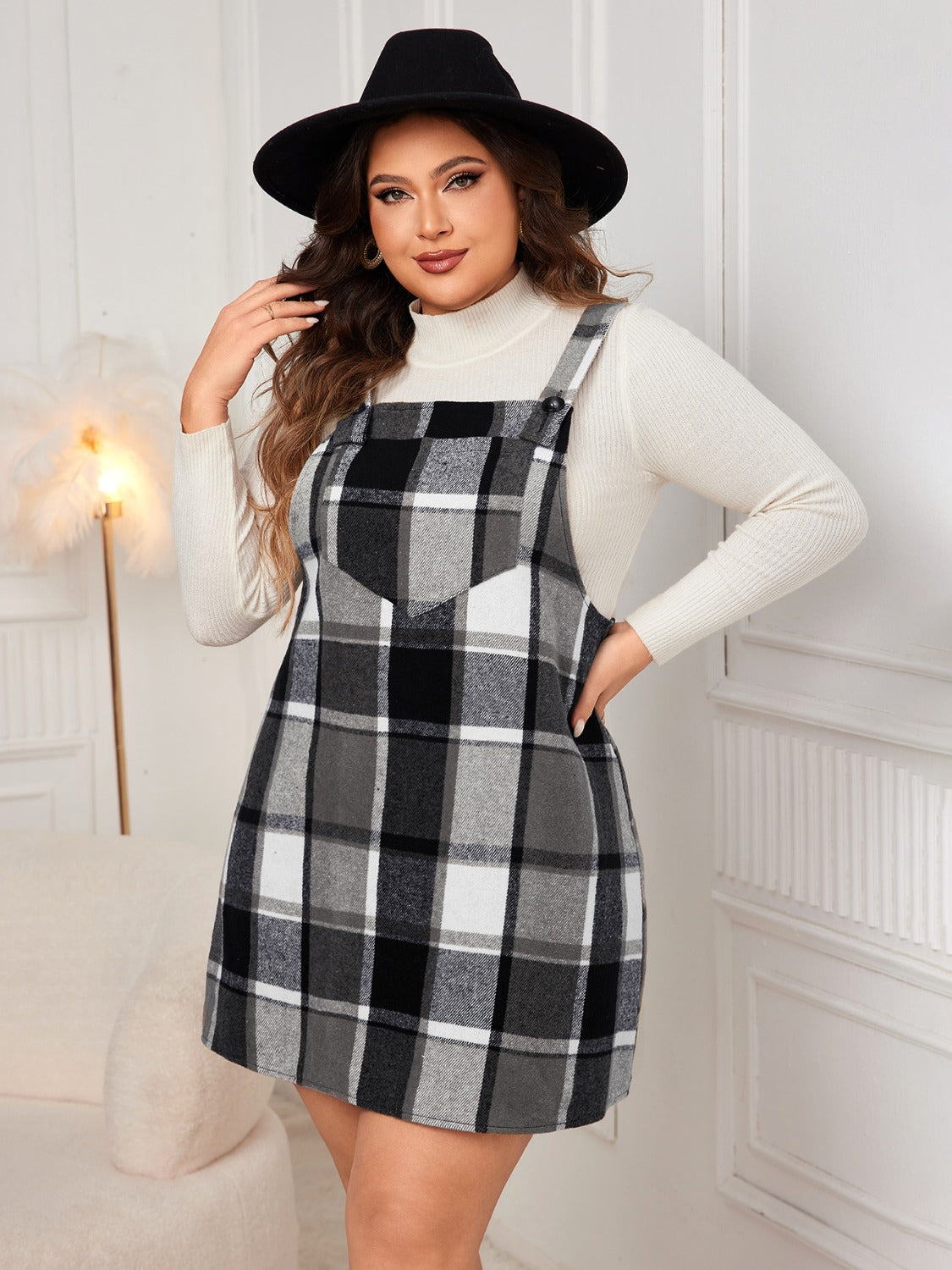 Honey Plus Size Plaid Wide Strap Overall Dress - Teresa's Fashionista LLC