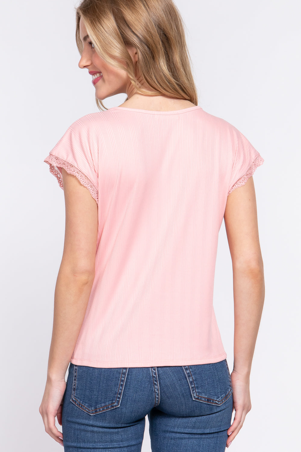 ACTIVE BASIC Lace Trim V-Neck Short Sleeve Ribbed Top-Teresa's Fashionista LLC