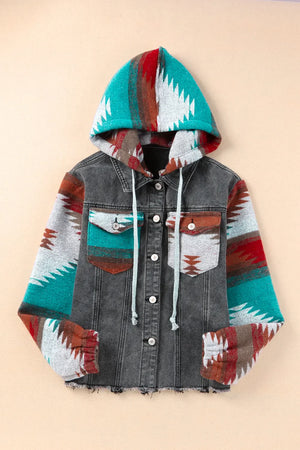 Drawstring hooded pocketed denim jacket with vibrant print, cotton-polyester blend.