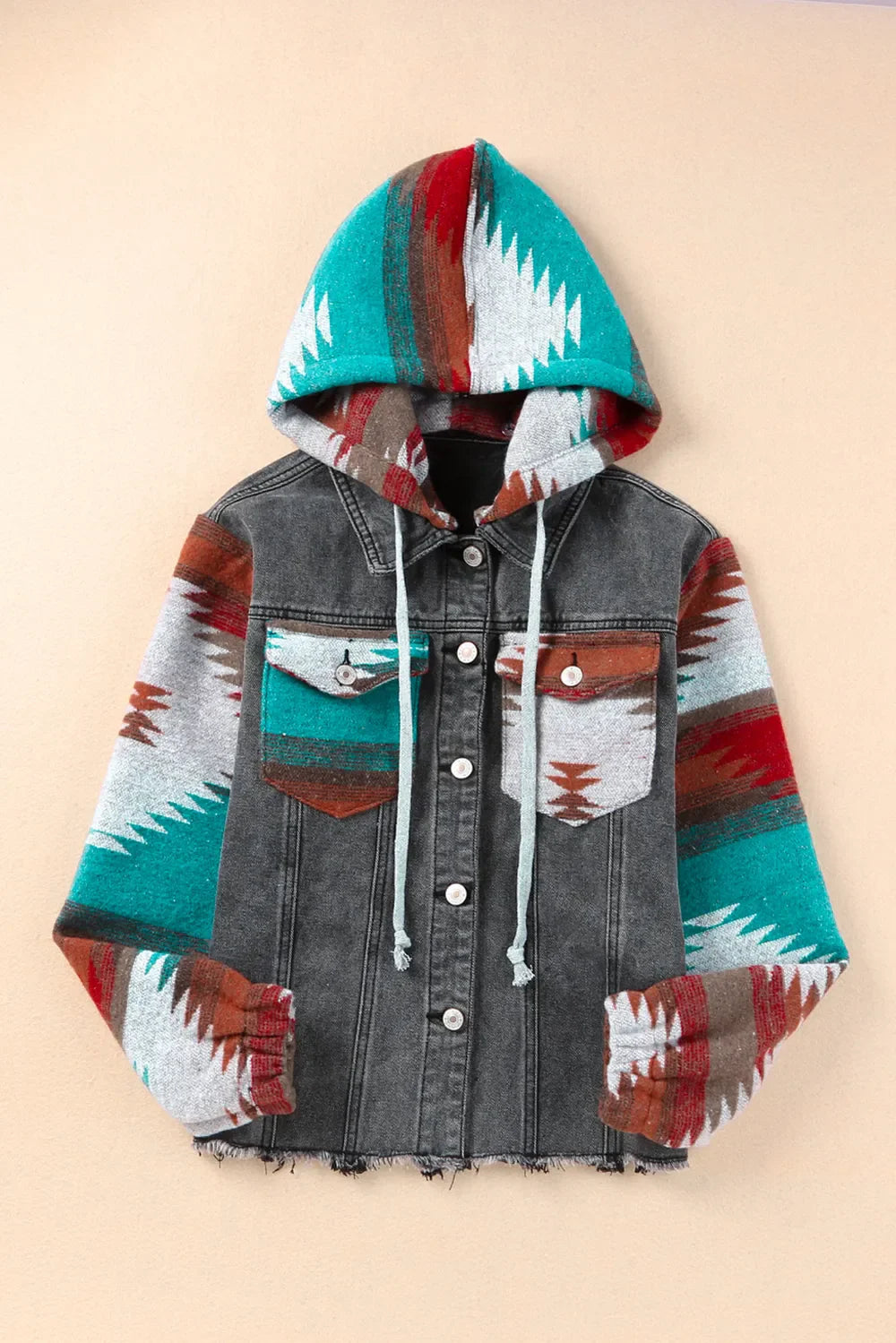 Drawstring hooded pocketed denim jacket with vibrant print, cotton-polyester blend.