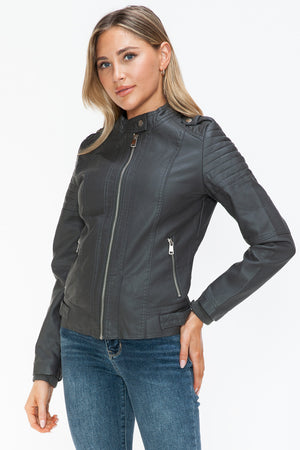 Snobbish PU Leather Biker Jacket with Side Zip Pockets - Teresa's Fashionista LLC