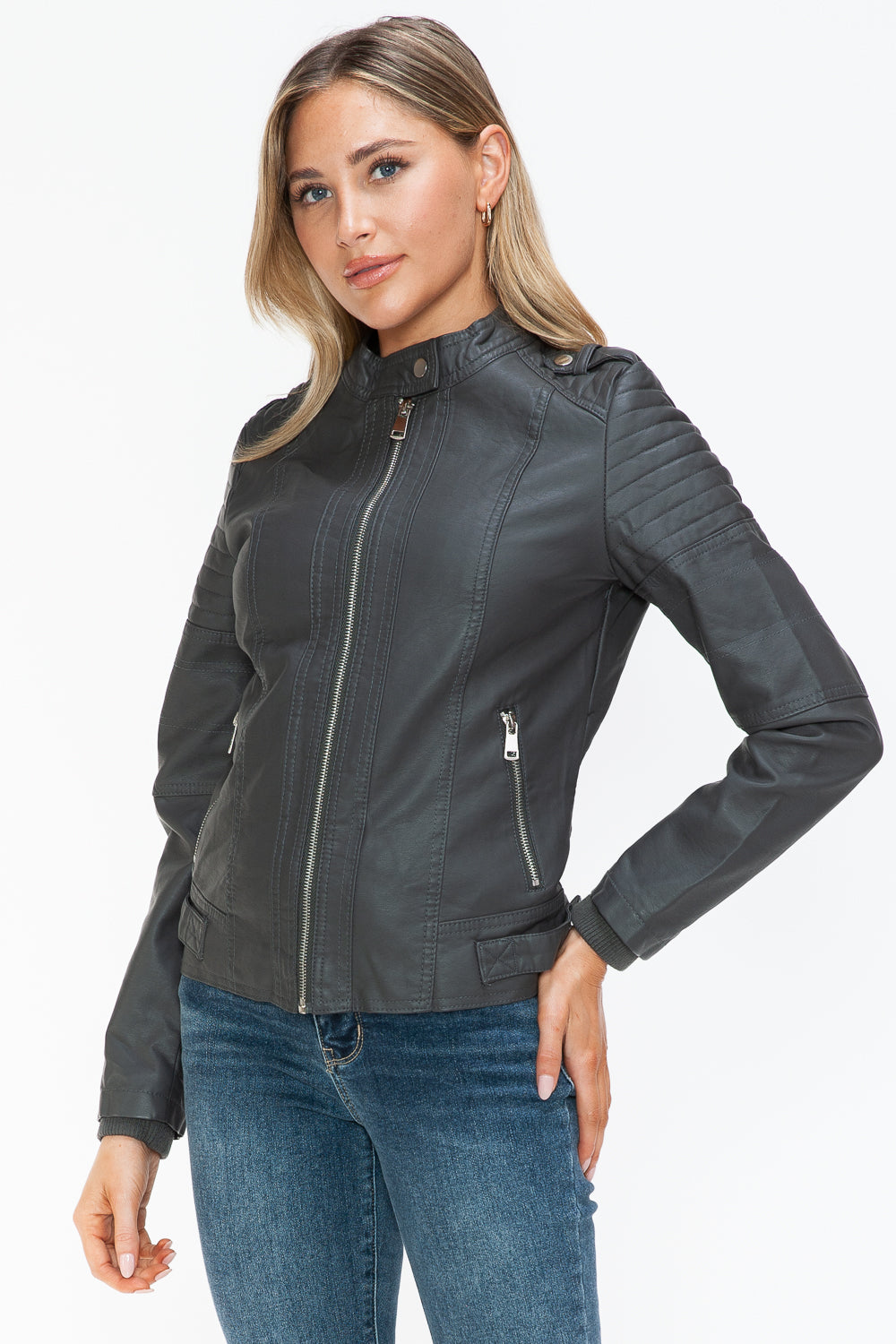 Snobbish PU Leather Biker Jacket with Side Zip Pockets - Teresa's Fashionista LLC