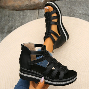 Cutout Rhinestone Trim Wedge Sandals-Teresa's Fashionista LLC