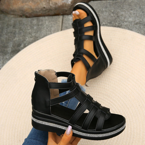 Cutout Rhinestone Trim Wedge Sandals-Teresa's Fashionista LLC