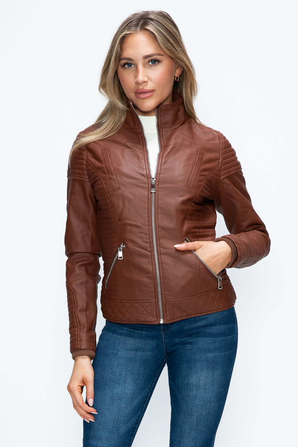 YMI Faux Layered Double-Zipper Jacket with Fuzzy Hood - Teresa's Fashionista LLC