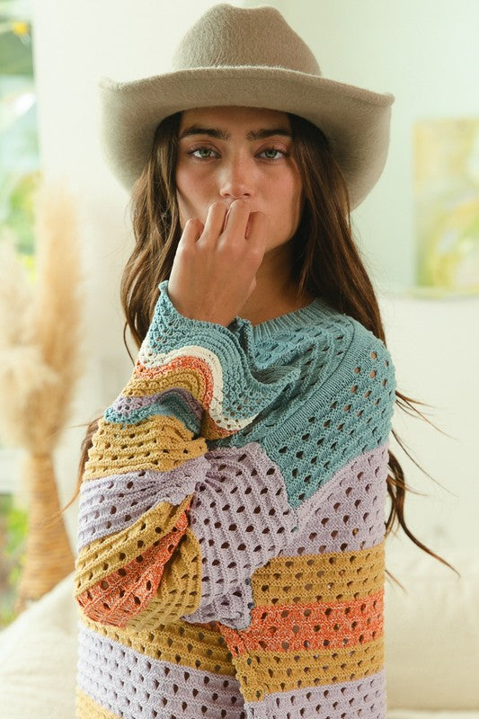 BiBi Wavy Hem Openwork Contrast Round Neck Sweater - Teresa's Fashionista LLC
