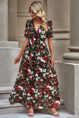Floral V-Neck Short Flounce Sleeve Dress-Teresa's Fashionista LLC