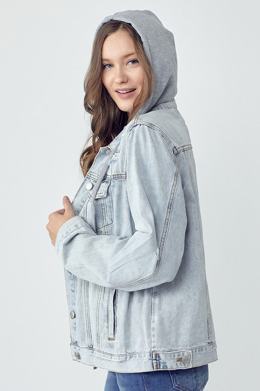 RISEN Full Size Distressed Drawstring Hooded Denim Jacket - Teresa's Fashionista LLC