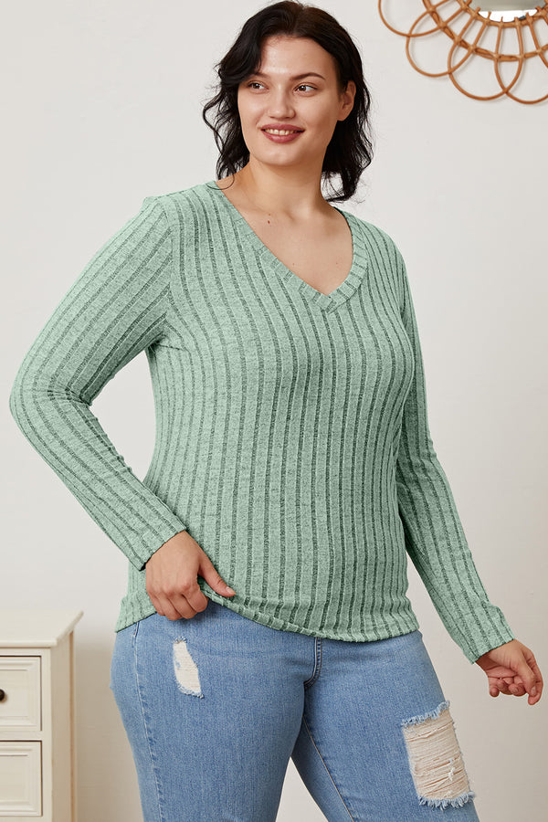 Basic Bae Full Size Ribbed V-Neck Long Sleeve T-Shirt-Teresa's Fashionista LLC