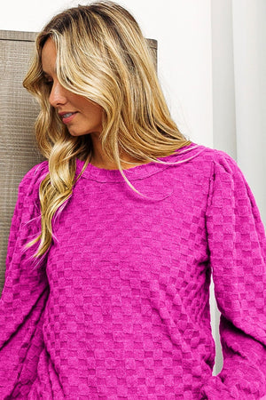 BiBi Round Neck Brushed Checker Top-Teresa's Fashionista LLC