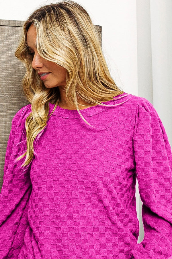 BiBi Round Neck Brushed Checker Top-Teresa's Fashionista LLC