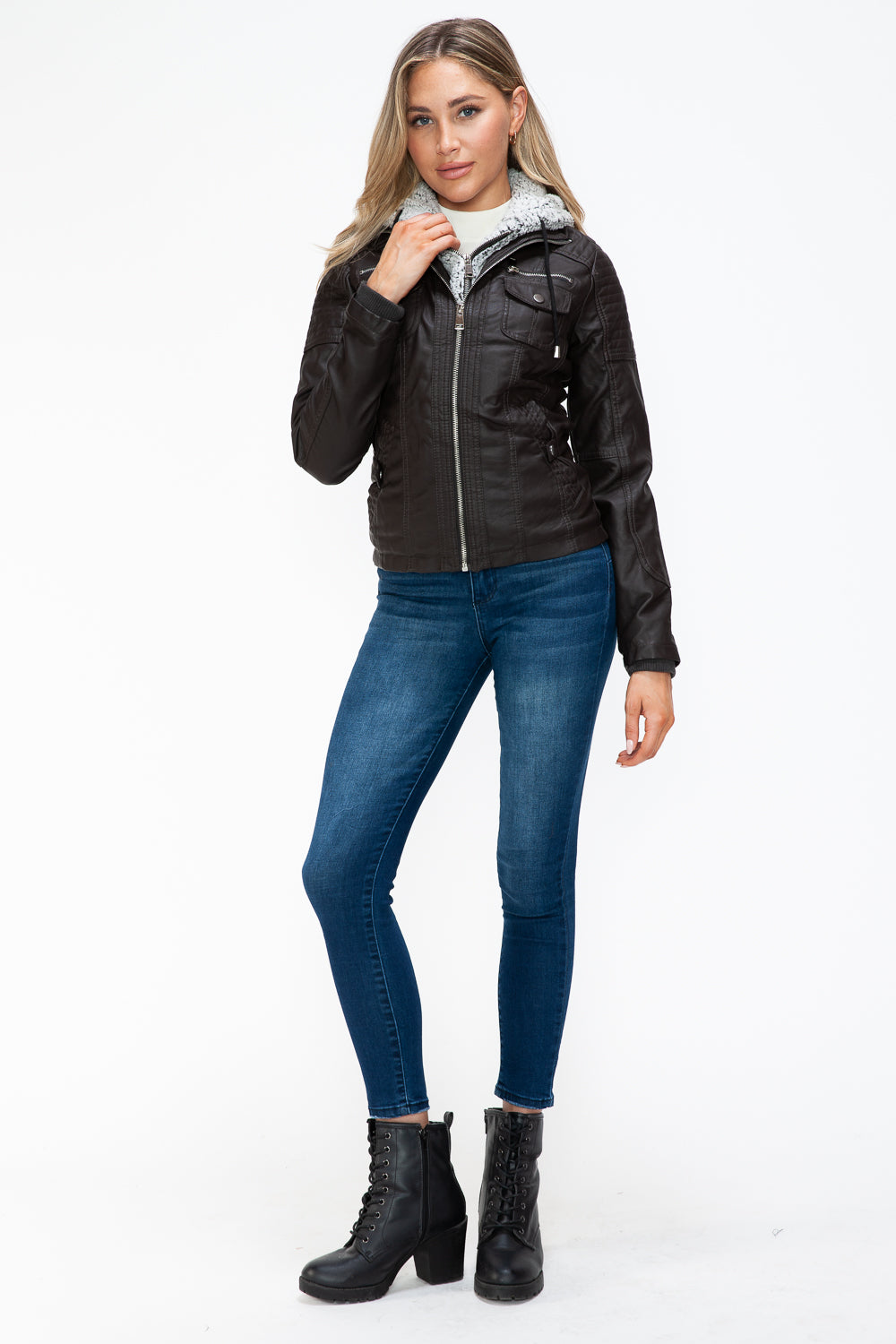 YMI Removable Faux Layered Multi-Pocket Jacket with Fuzzy Hood - Teresa's Fashionista LLC