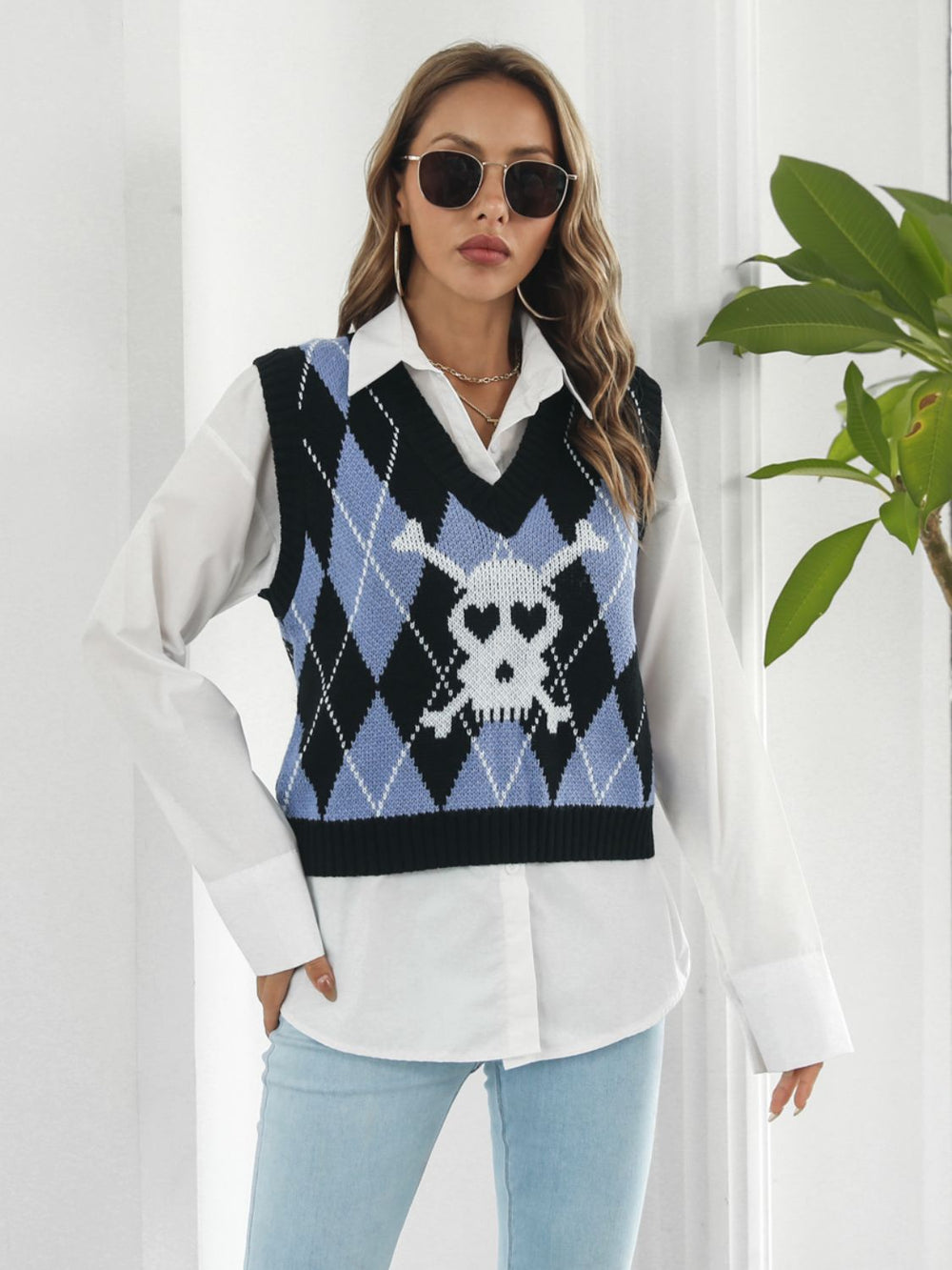Skull Geometric V-Neck Sweater Vest - Teresa's Fashionista LLC