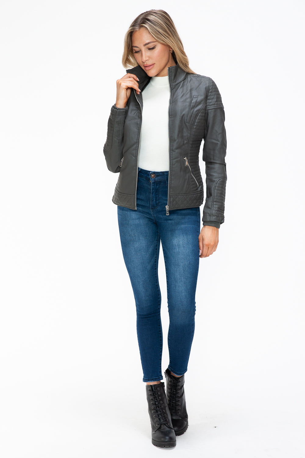 YMI Faux Layered Double-Zipper Jacket with Fuzzy Hood - Teresa's Fashionista LLC